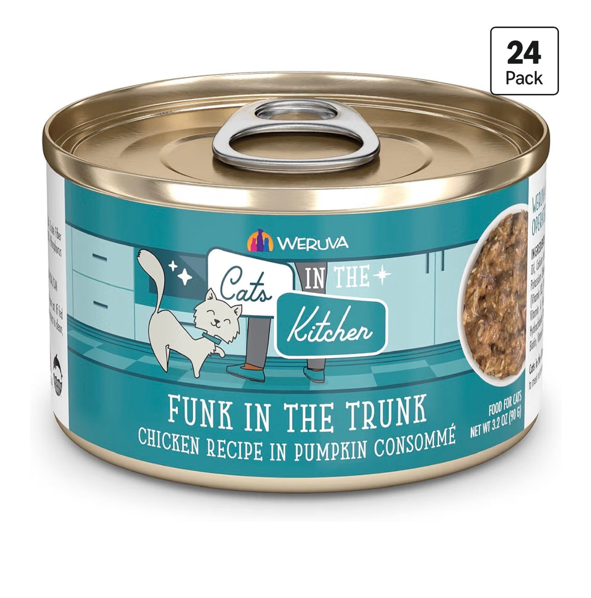 Weruva Cats in The Kitchen, Funk in The Trunk con pollo en consomme de calabaza, comida para gatos, lata de 3.2 onzas (paquete de 24)