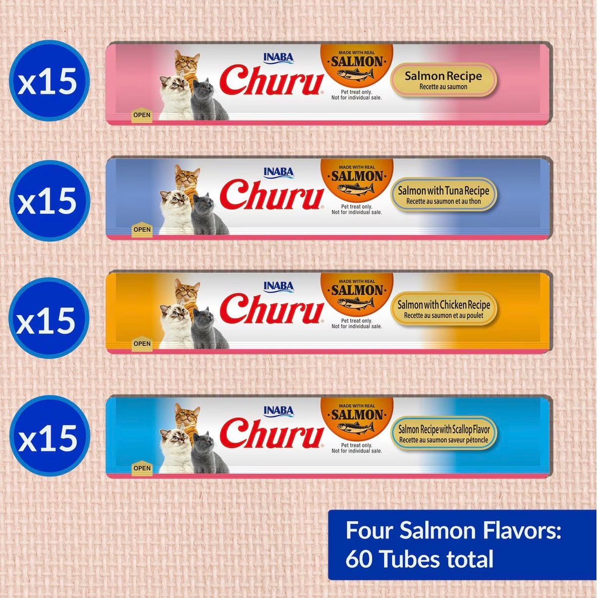 Inaba Churu Salmon Variety Creamy Puree Grain-Free Lickable Cat Treats, 0.5-oz tube, 60 count