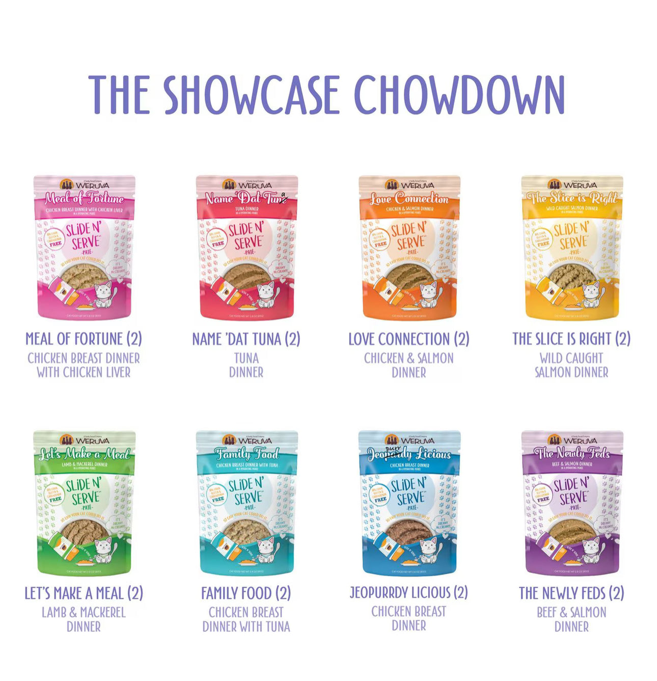 Weruva Slide N' Serve Paté, alimento húmedo para gatos, The Showcase Chowdown Slide N' Serve, bolsa de 2.8 oz (80 g), paquete variado de 16
