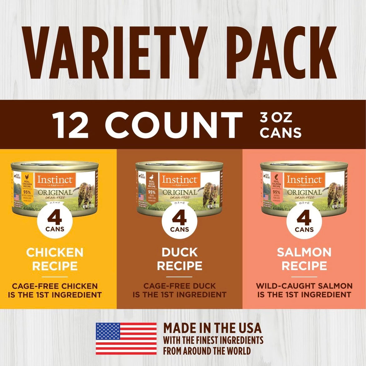 Instinct Original Variety Pack Grain-Free Pate Wet Cat Food, 3-oz can, paquete de 12