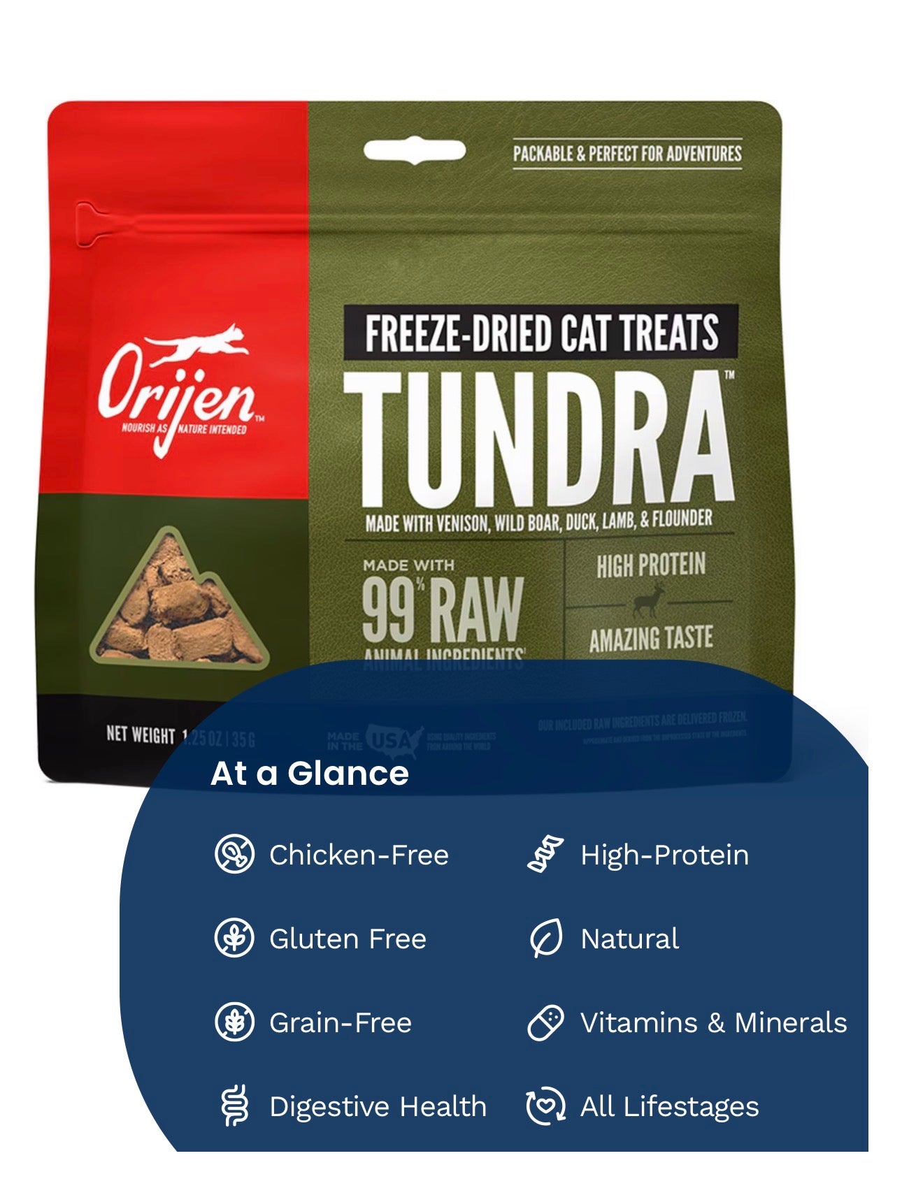 ORIJEN Freeze Dried Cat Treats Grain Free High Protein Raw Animal Ingredients Tundra 1.25oz Bag
