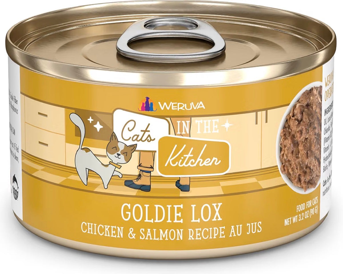 Weruva cats in the kitchen Goldie Lox con Pollo y Salmón en Salsa Au Jus, Lata de 3.2oz (Paquete de 24)