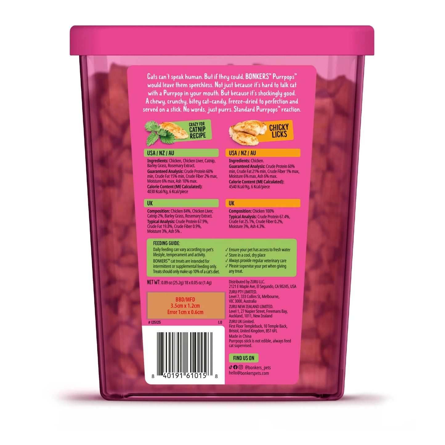 BONKERS Purrpops, Freeze Dried Chicken & Dried Catnip Lollipops Cat Treats, 18 unidades