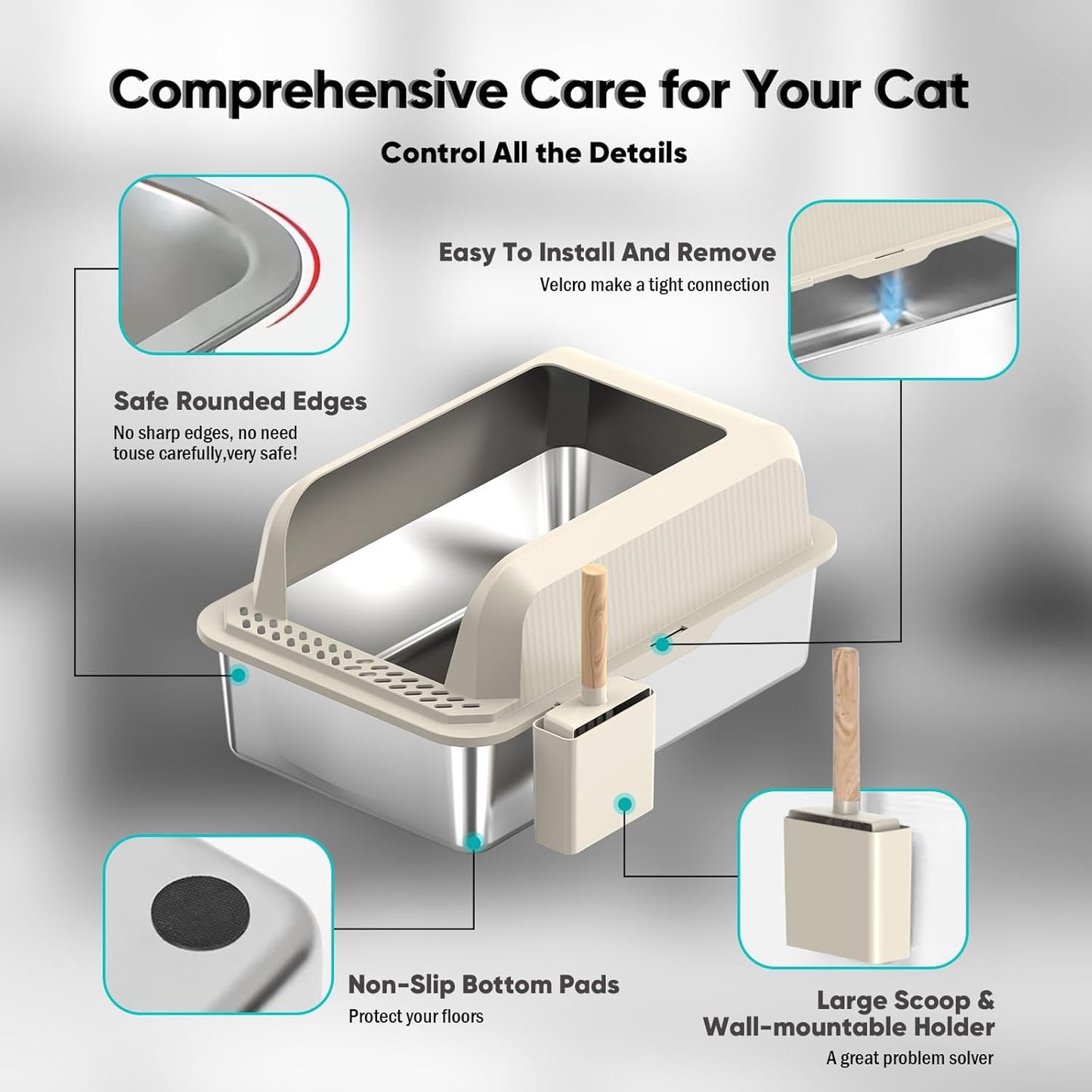 Caja de arena para gatos de acero inoxidable con tapa XL