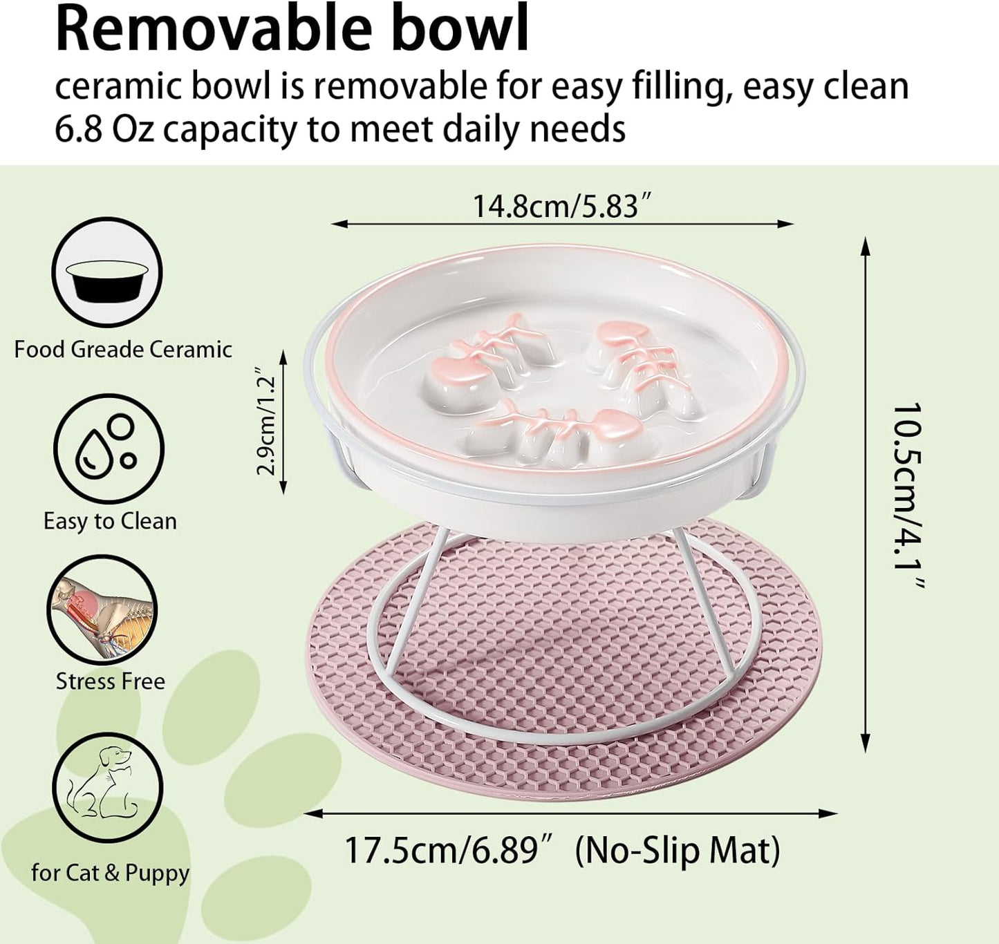 Cuenco elevado cerámica para perros y gatos con soporte, cuenco lento para alimentos húmedos