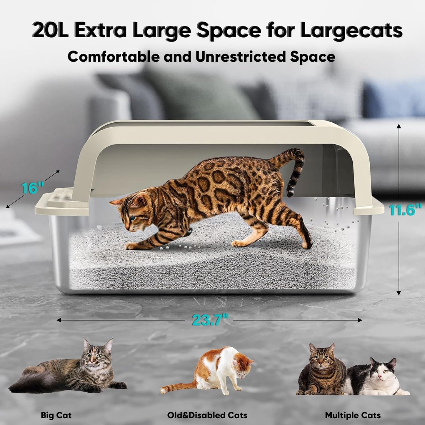 Caja de arena para gatos de acero inoxidable con tapa XL