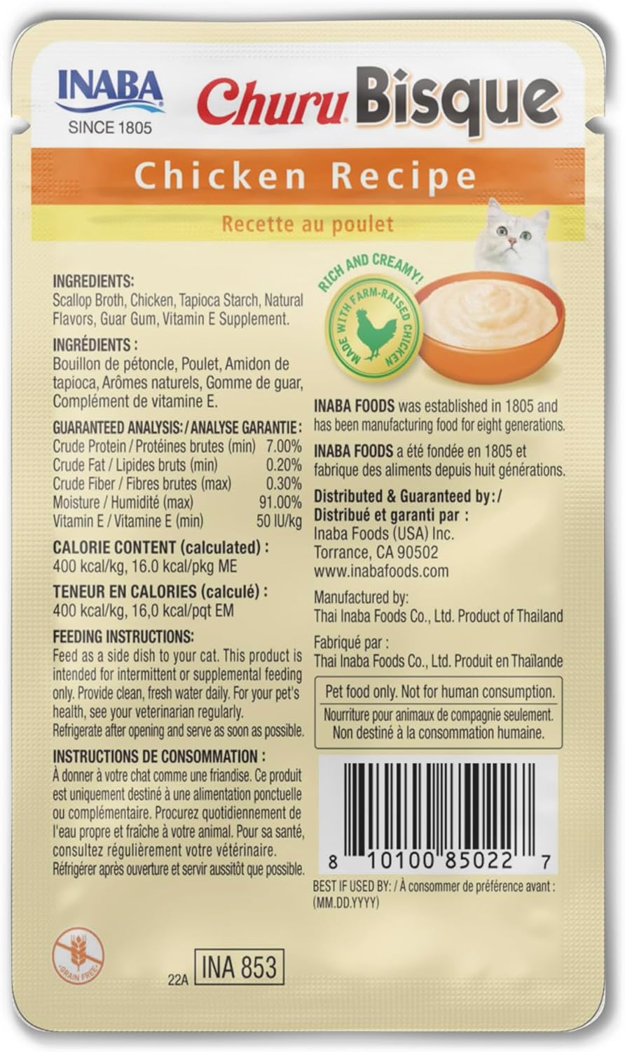 INABA Churu Bisque para gatos, sabor pollo, 1.4 onzas por bolsa