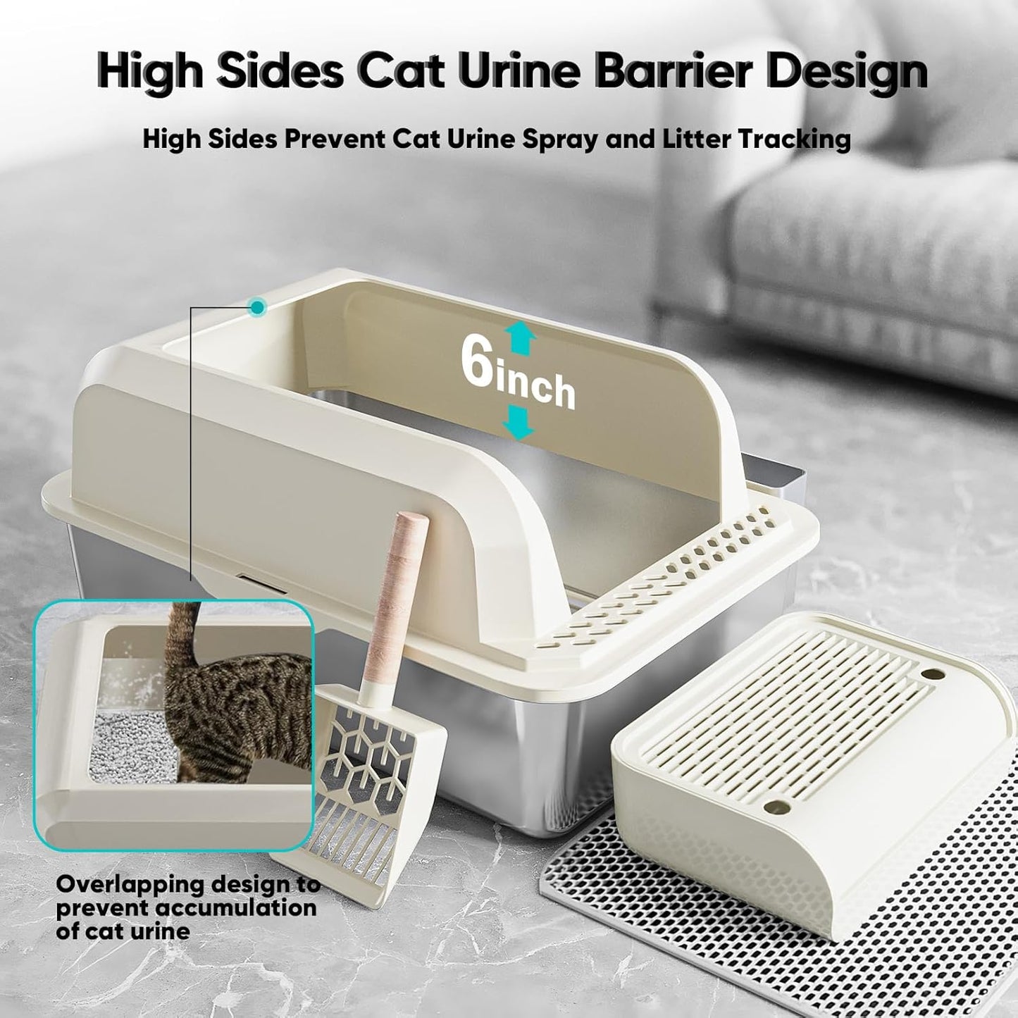 Caja de arena para gatos de acero inoxidable con tapa XL