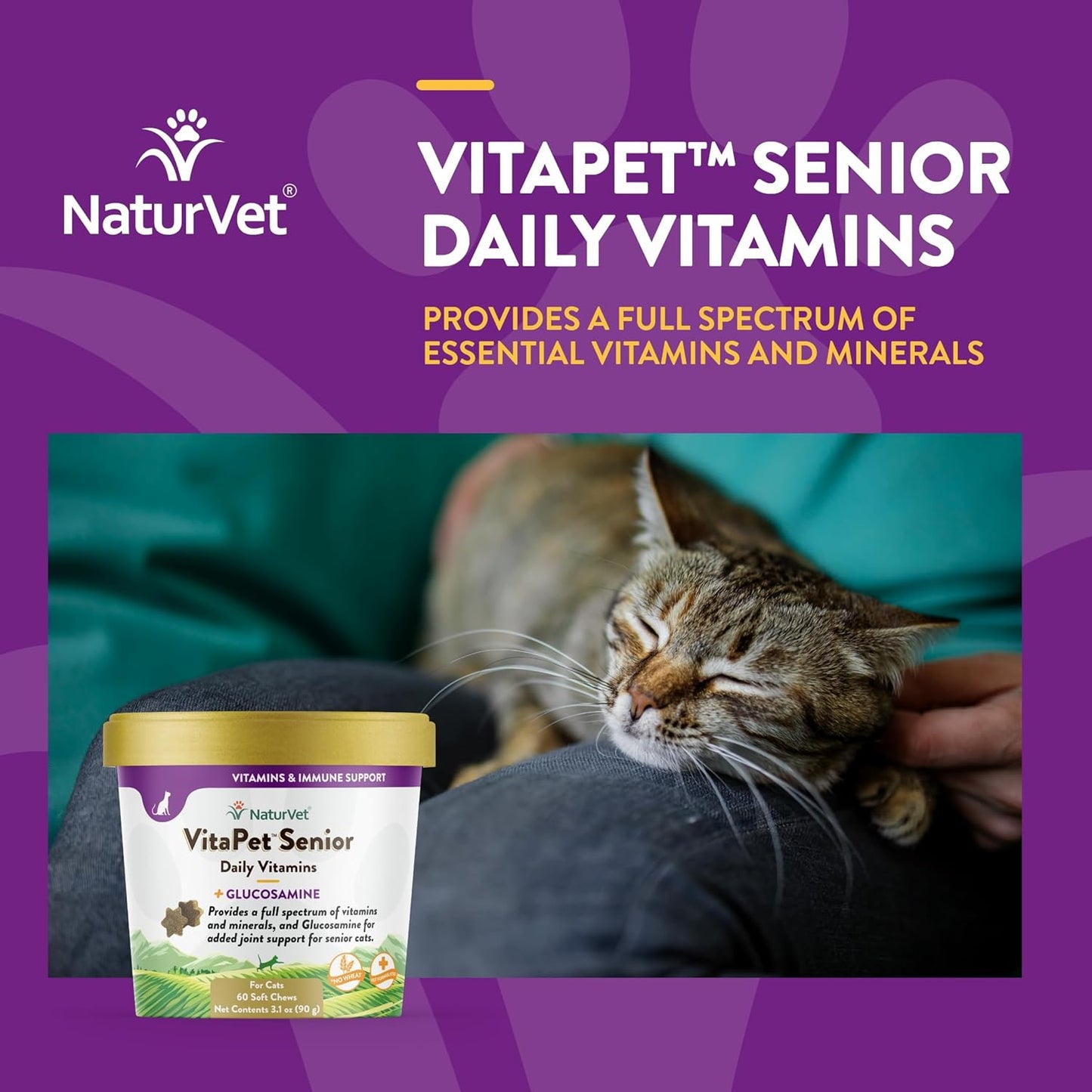 NaturVet VitaPet - Vitaminas diarias para gatos mayores más glucosamina