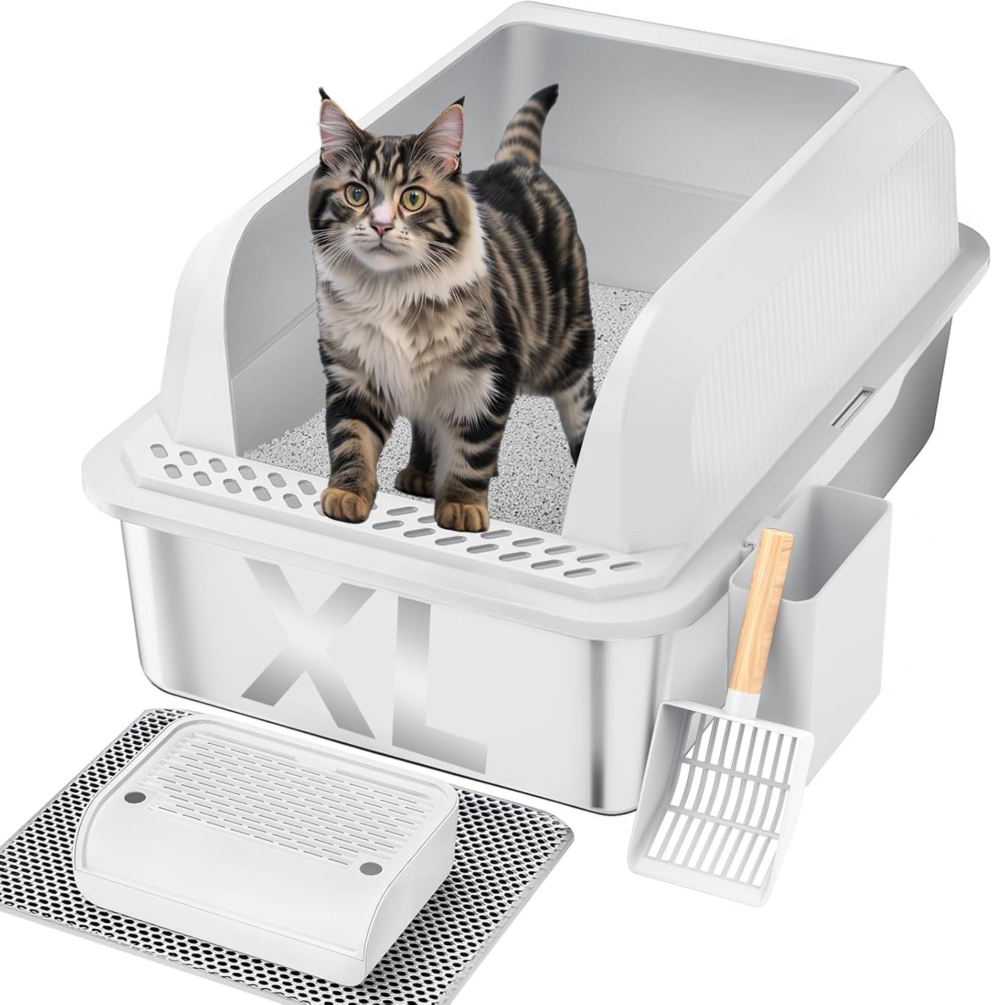 Caja de arena para gatos de acero inoxidable con tapa XL