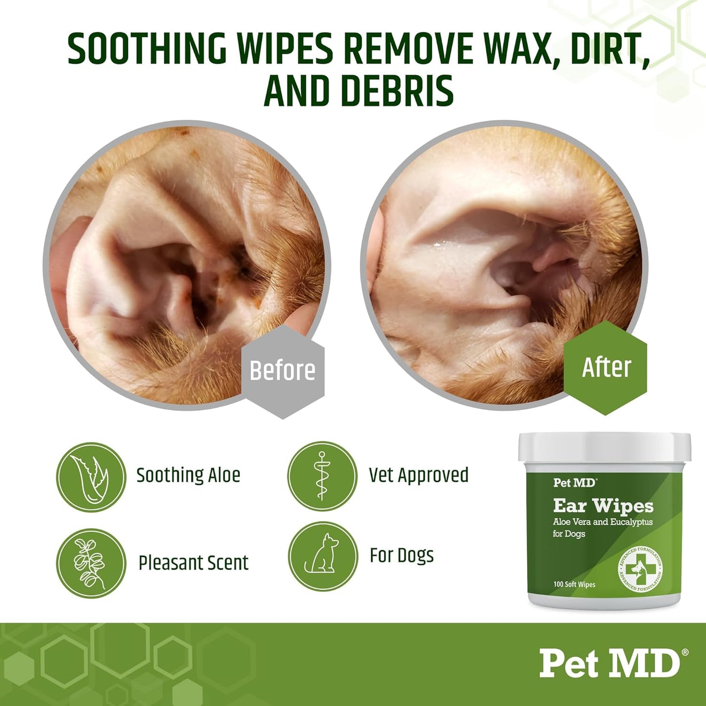 Limpiador ótico Pet MD para perros con aloe y eucalipto, 100 unidades