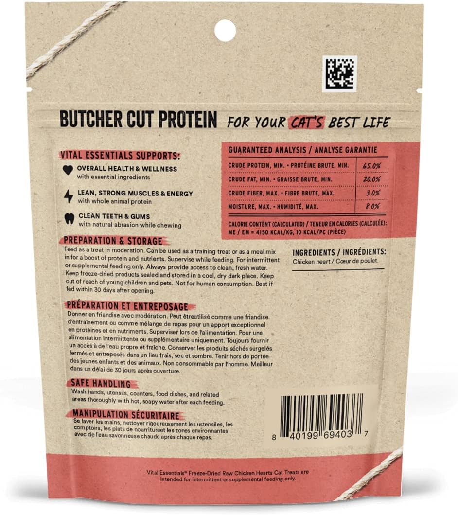Vital Essentials - Golosinas crudas liofilizadas de un solo ingrediente, para gatos, corazones de pollo, 0.8 oz