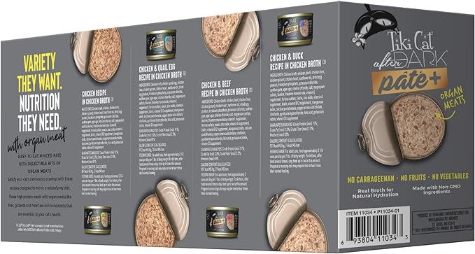 Tiki Cat After Dark Pate+, paquete variado, comida enlatada húmeda para gatos, latas de 2.8 onzas (paquete de 12)