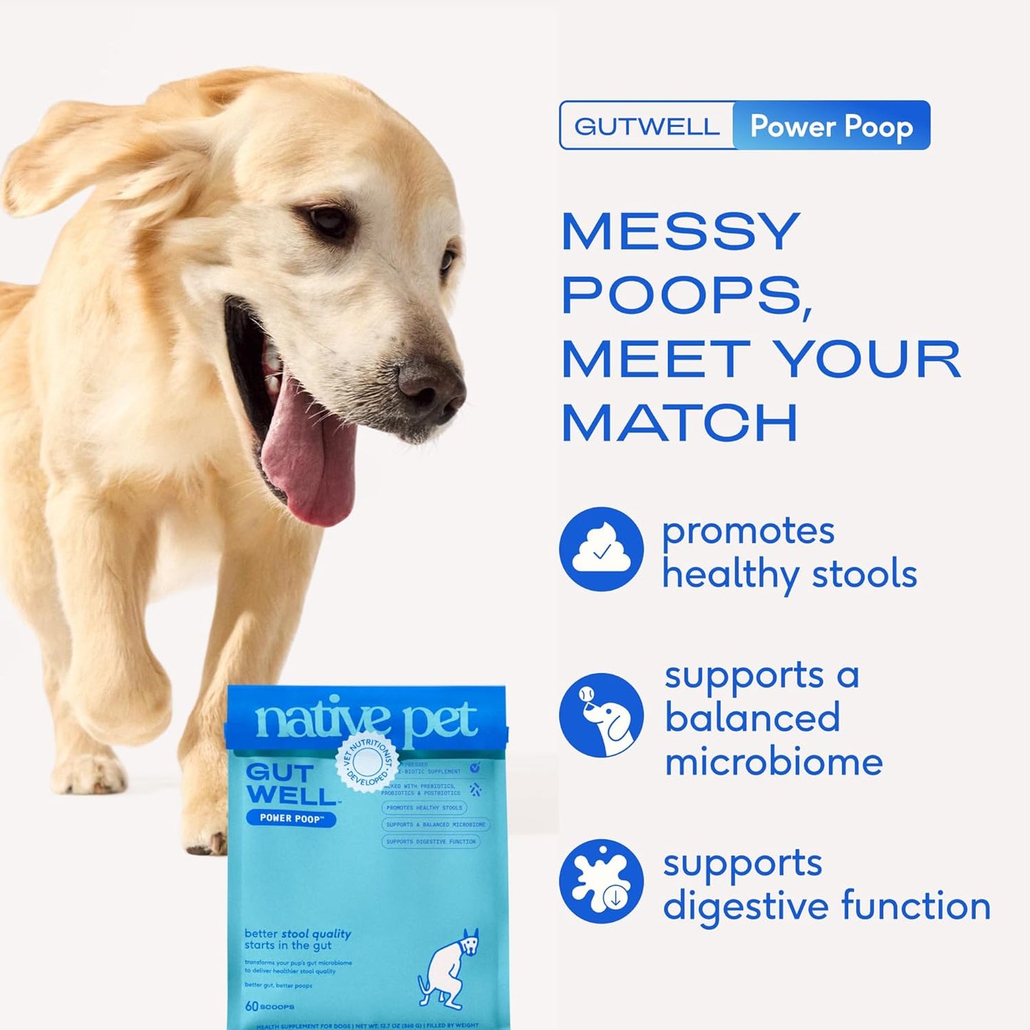 Native pet GutWell Power Poop - Enzimas digestivas para perros - Apoyo digestivo, alivio de gases
