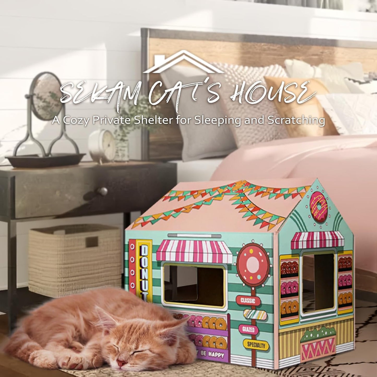 Casa de cartón para gatos con rascador