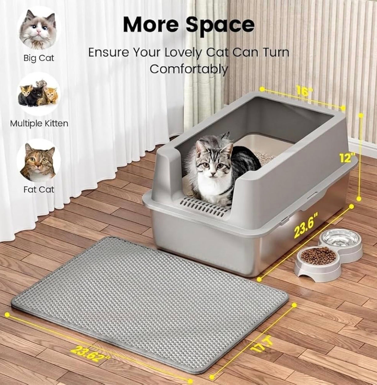 Caja de arena de acero inoxidable para gatos XL
