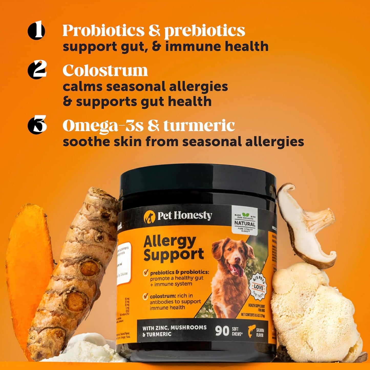 PetHonesty - Suplemento para alivio de las alergias caninas, con aceite de salmón, omega 3, colostro, prebióticos y probióticos