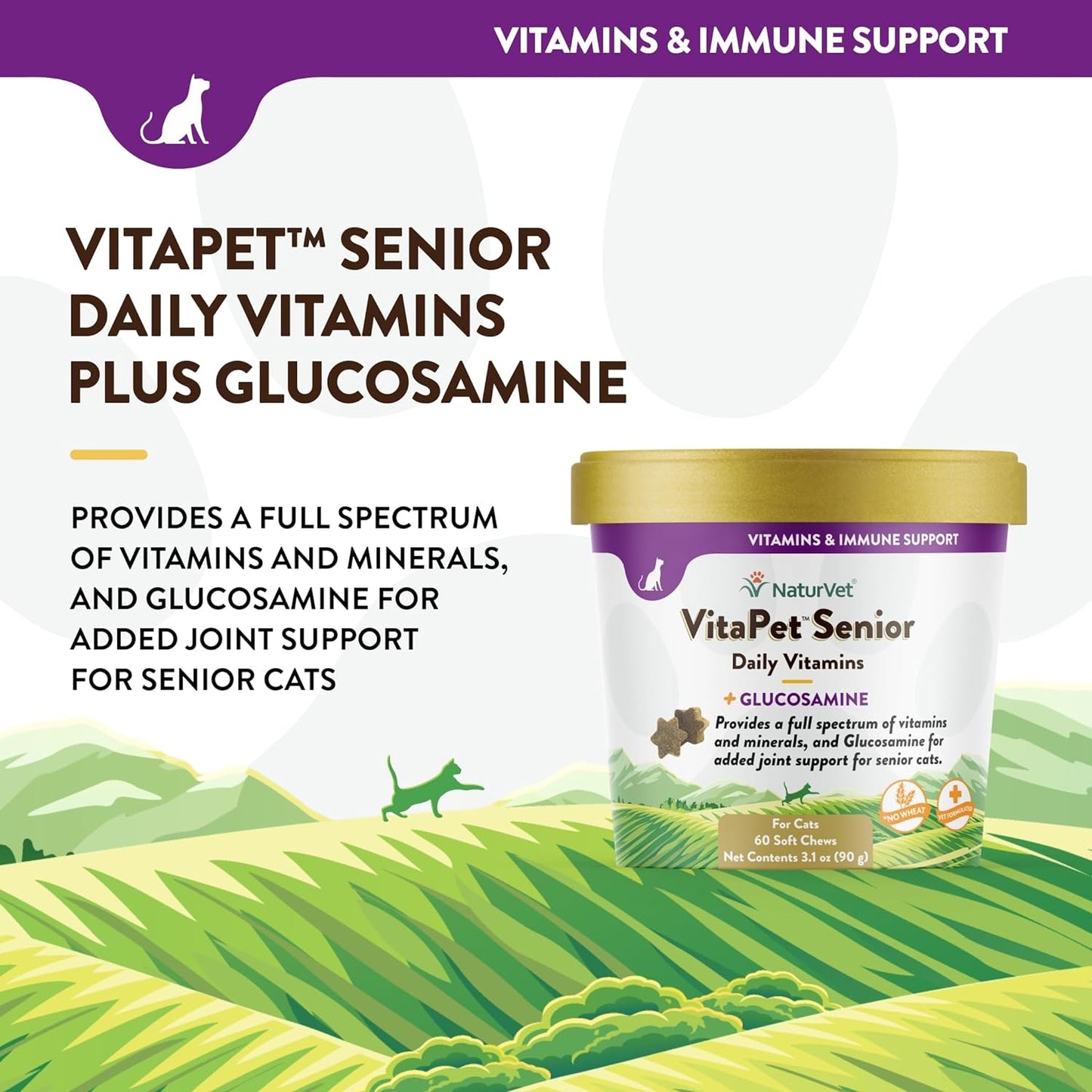NaturVet VitaPet - Vitaminas diarias para gatos mayores más glucosamina
