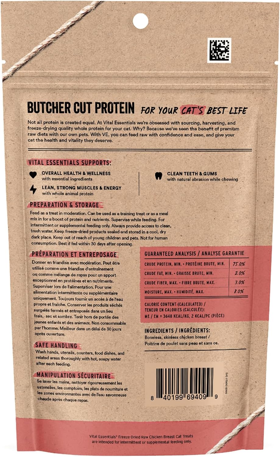 Vital Essentials - Golosinas crudas liofilizadas de un solo ingrediente, para gatos, pechuga de pollo, 2.1 oz