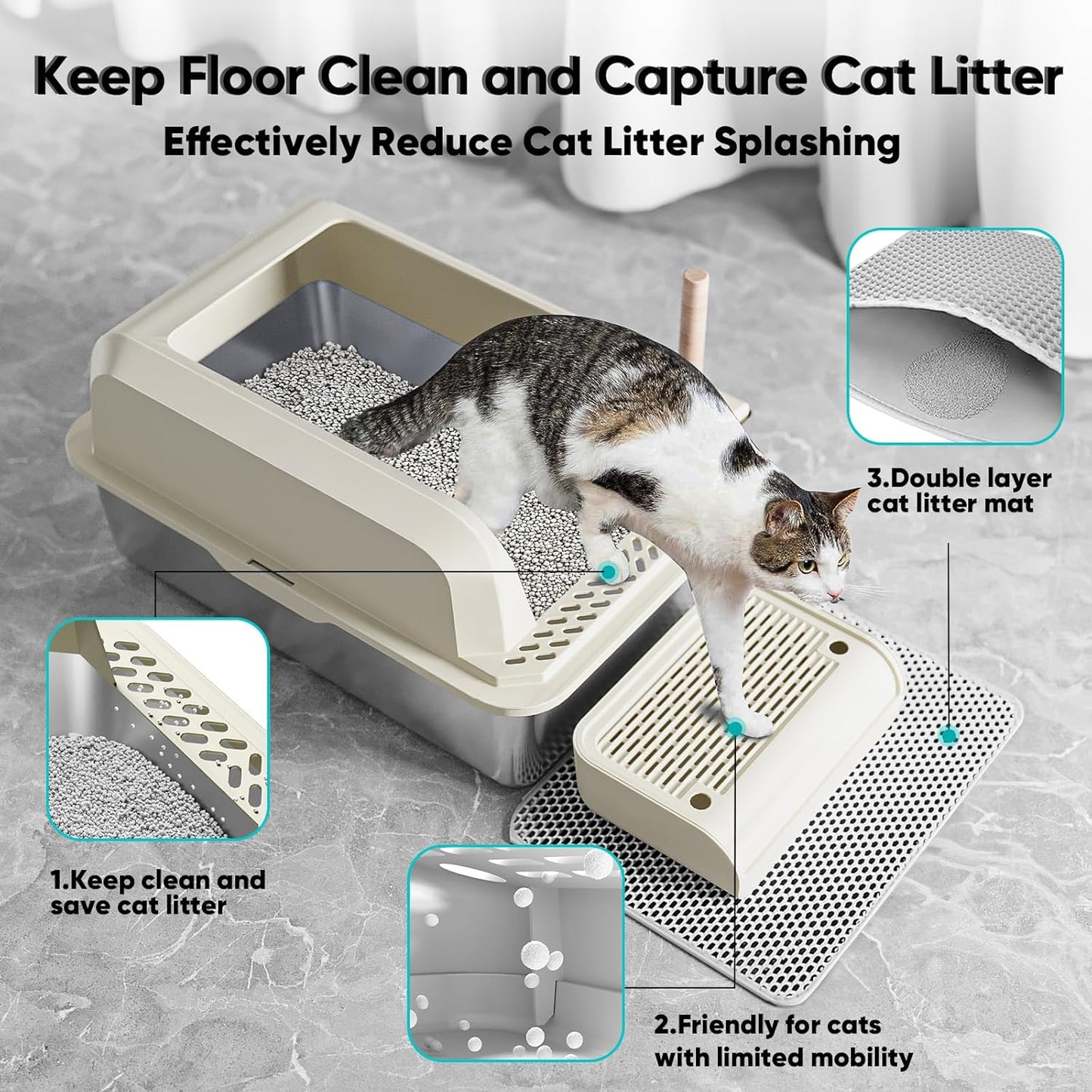 Caja de arena para gatos de acero inoxidable con tapa XL
