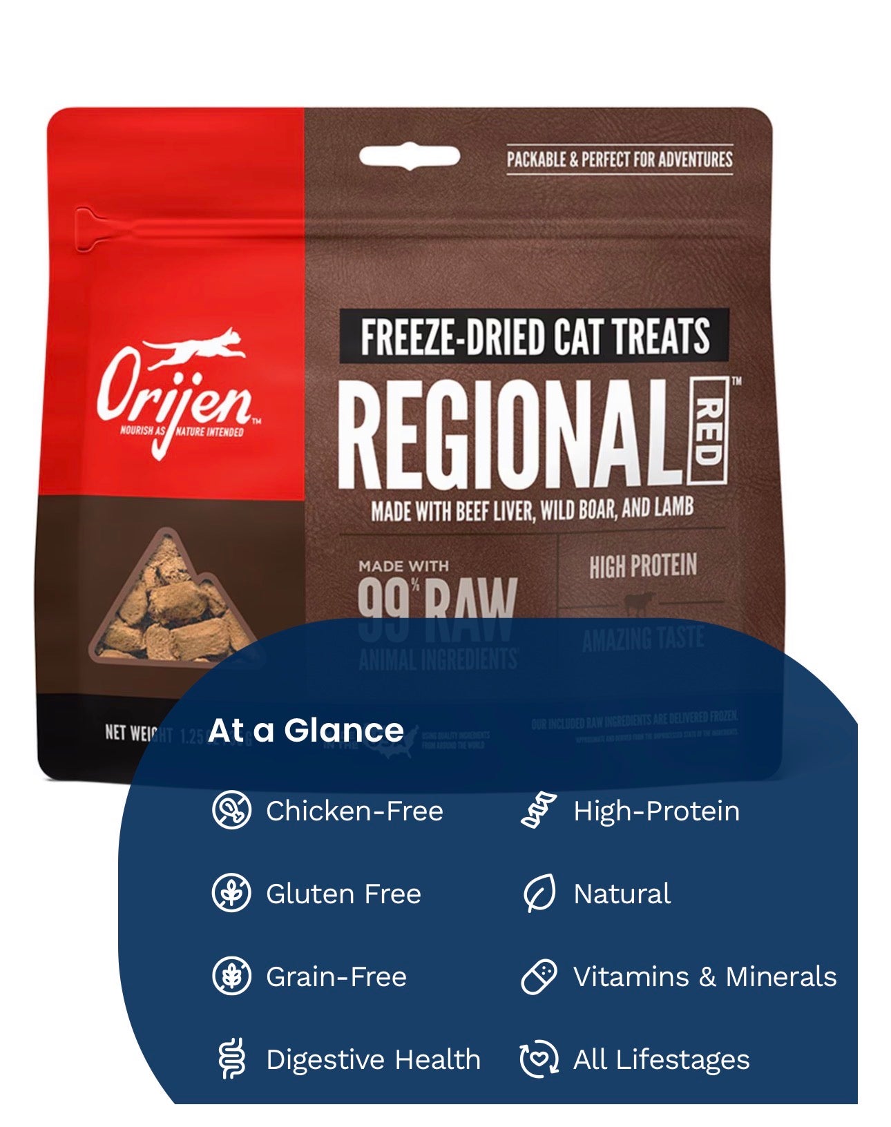 ORIJEN Freeze Dried Cat Treats Grain Free High Protein Raw Animal Ingredients Regional Red 1.25oz Bag