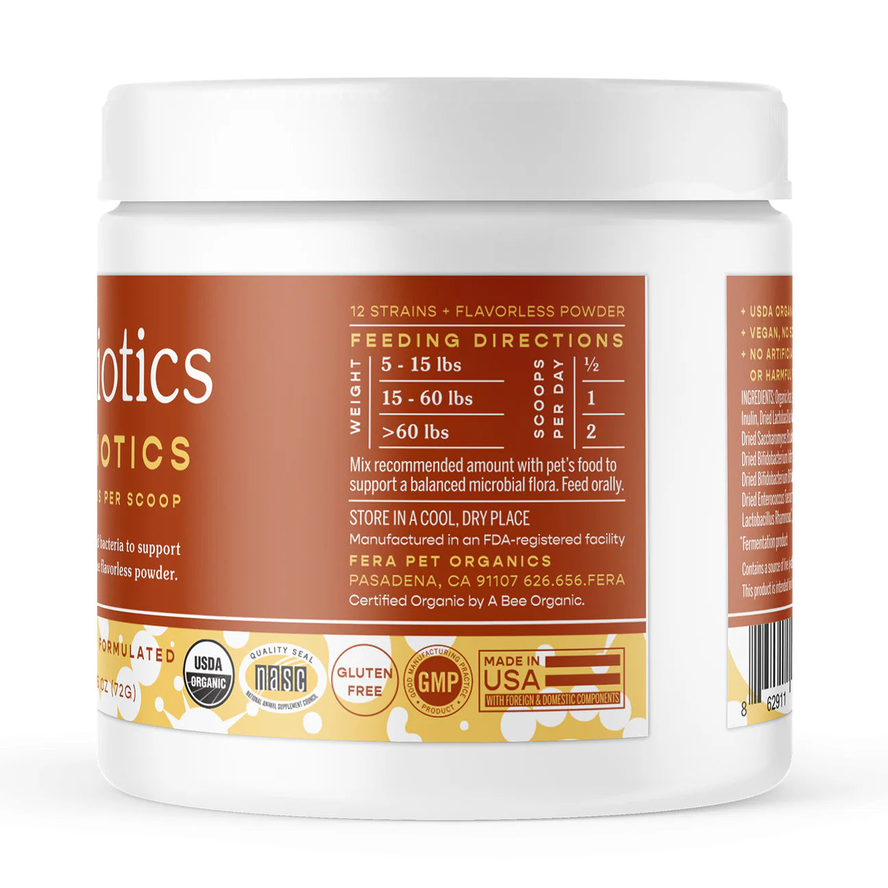Fera Pet Organics Probióticos para perros y gatos - 60 cucharadas en polvo