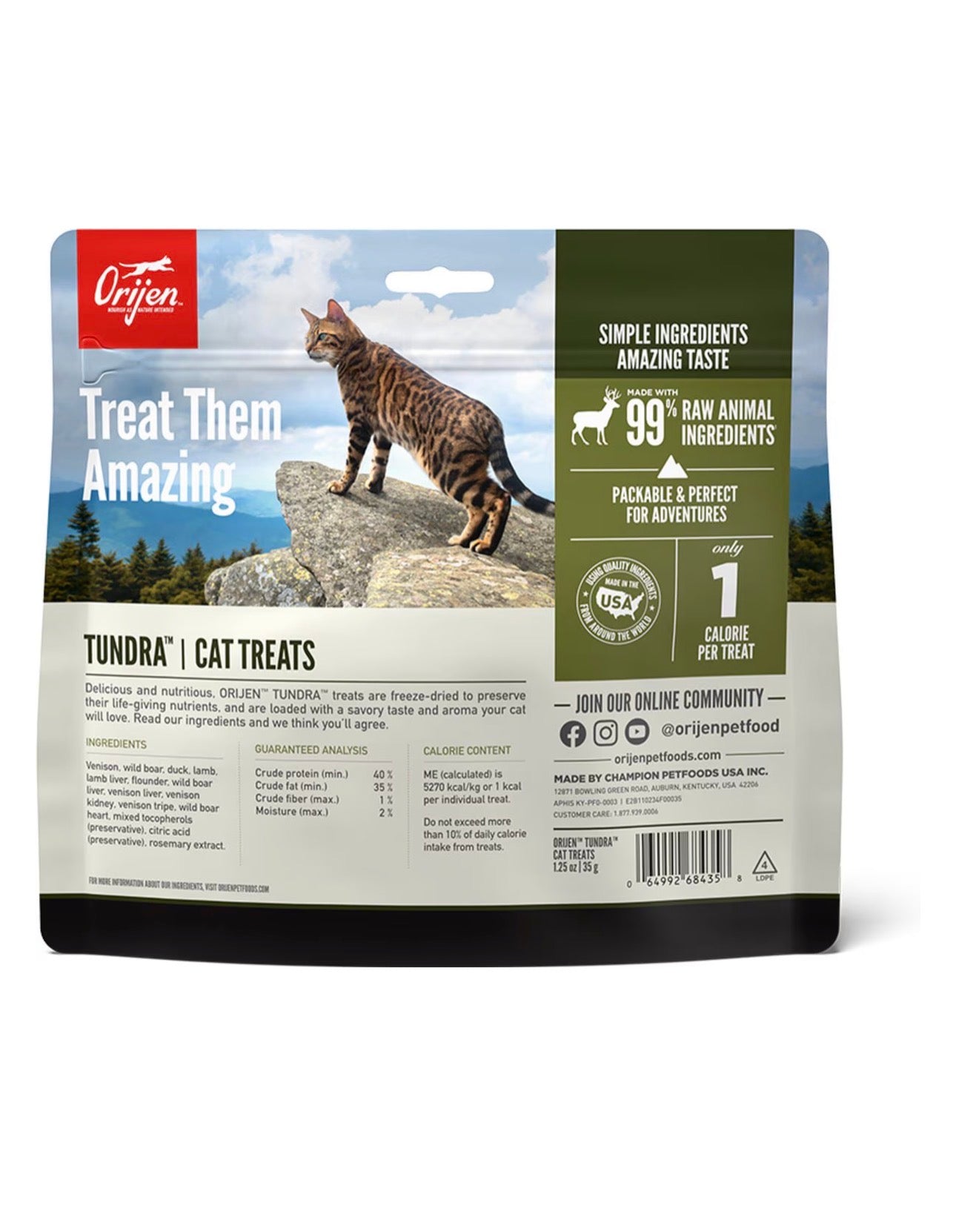 ORIJEN Freeze Dried Cat Treats Grain Free High Protein Raw Animal Ingredients Tundra 1.25oz Bag
