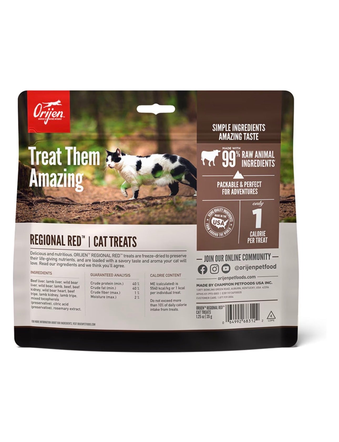 ORIJEN Freeze Dried Cat Treats Grain Free High Protein Raw Animal Ingredients Regional Red 1.25oz Bag