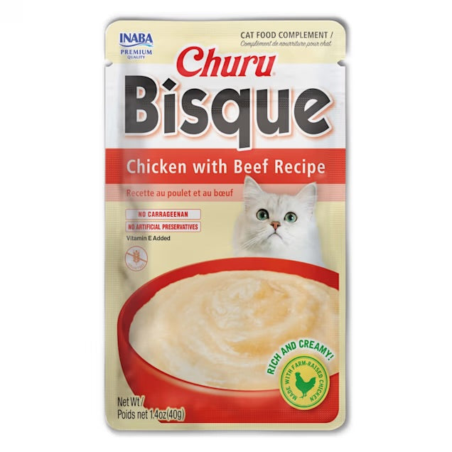 INABA Churu Bisque para gatos, plato de puré cremoso para lamer con vitamina E, 1.4 onza bolsa (receta pollo con carne de res)
