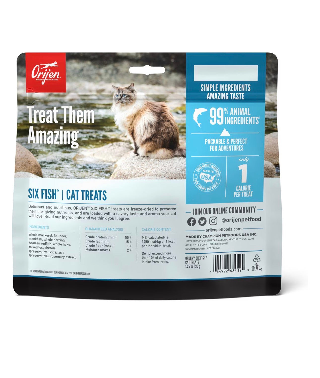 ORIJEN Freeze Dried Cat Treats Grain Free High Protein Raw Animal Ingredients Six Fish 1.25oz Bag