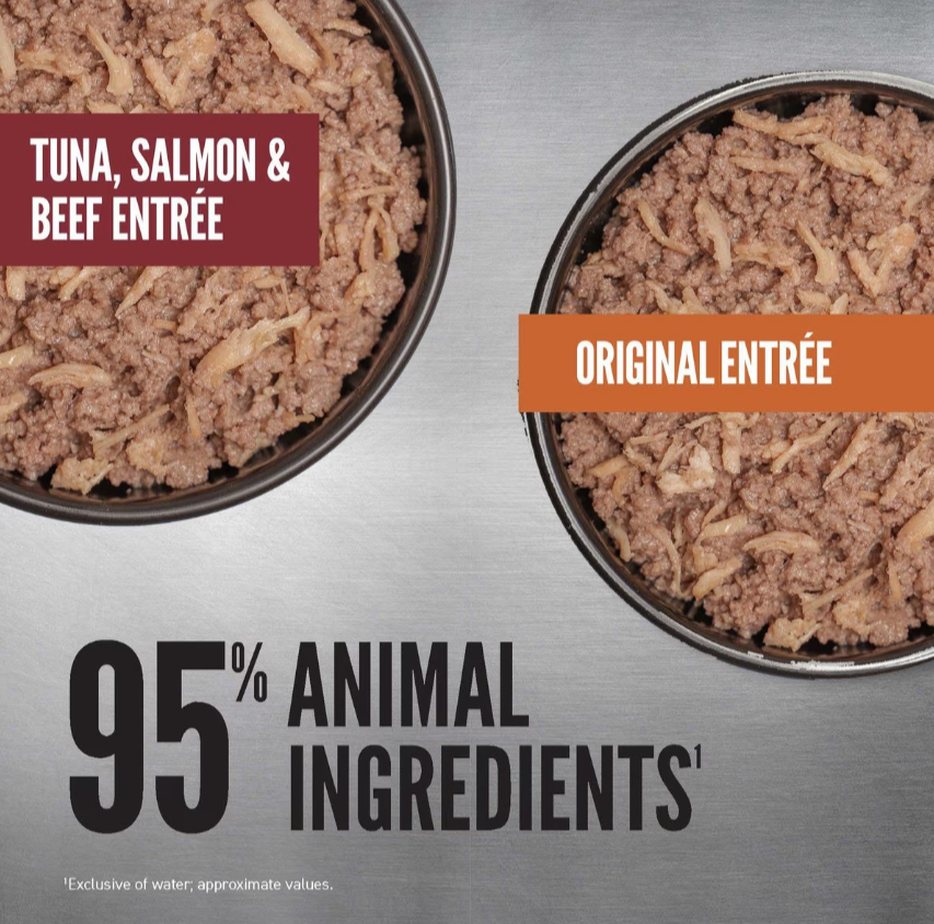 ORIJEN Premium Original Entrees Variety Pack Tuna Salmon & Beef Pate Wet Cat Food, 3-oz can, case of 12