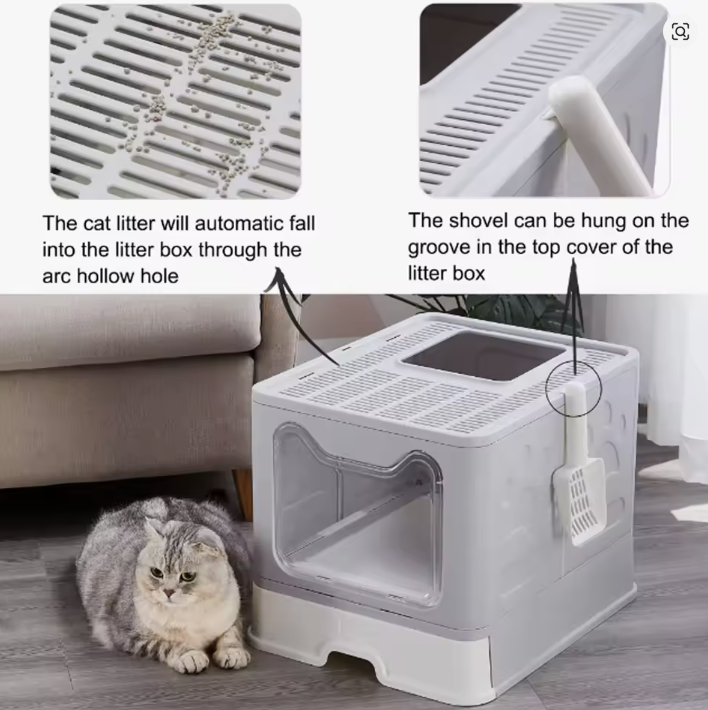 caja de arena plegable: Diseño de cajón con recogedor para una fácil gestión de residuos de gatos