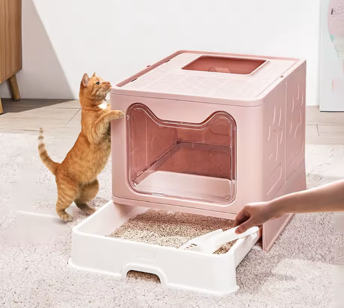 caja de arena plegable: Diseño de cajón con recogedor para una fácil gestión de residuos de gatos - Rosado