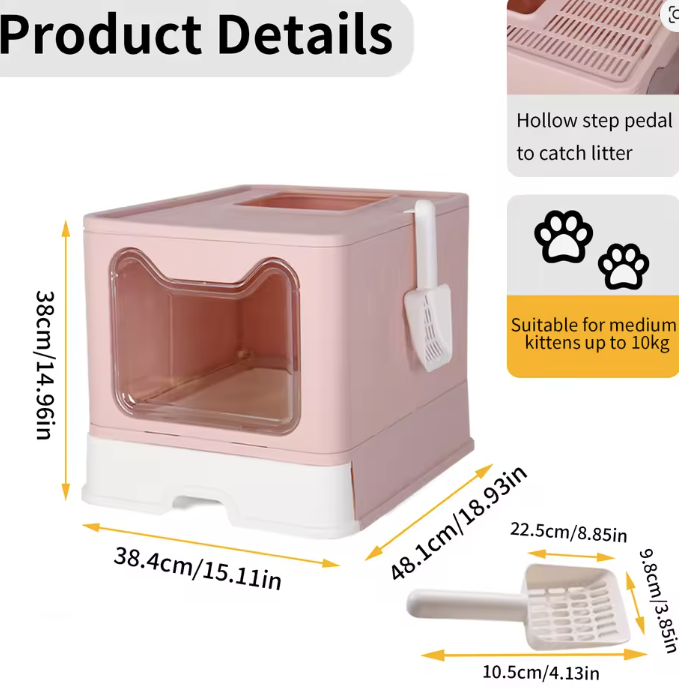 caja de arena plegable: Diseño de cajón con recogedor para una fácil gestión de residuos de gatos - Rosado