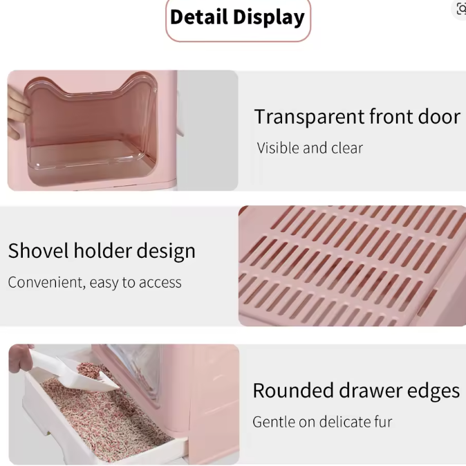 caja de arena plegable: Diseño de cajón con recogedor para una fácil gestión de residuos de gatos - Rosado