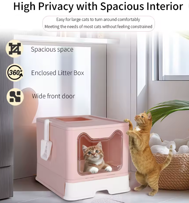 caja de arena plegable: Diseño de cajón con recogedor para una fácil gestión de residuos de gatos - Rosado