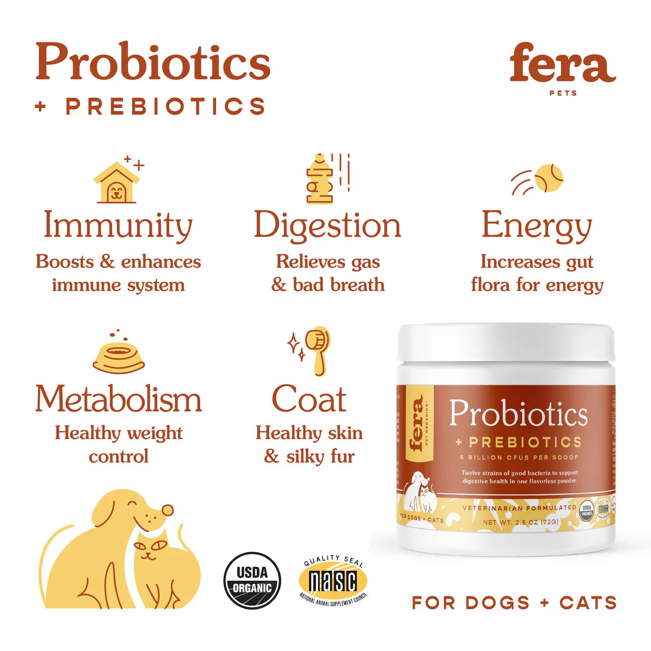 Fera Pet Organics Probióticos para perros y gatos - 60 cucharadas en polvo