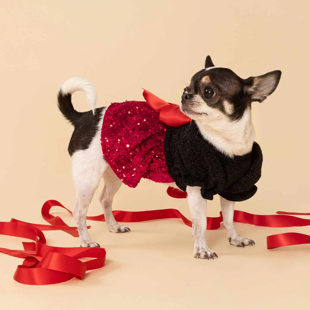PUFF SLEEVES SEQUIN DOG DRESS
