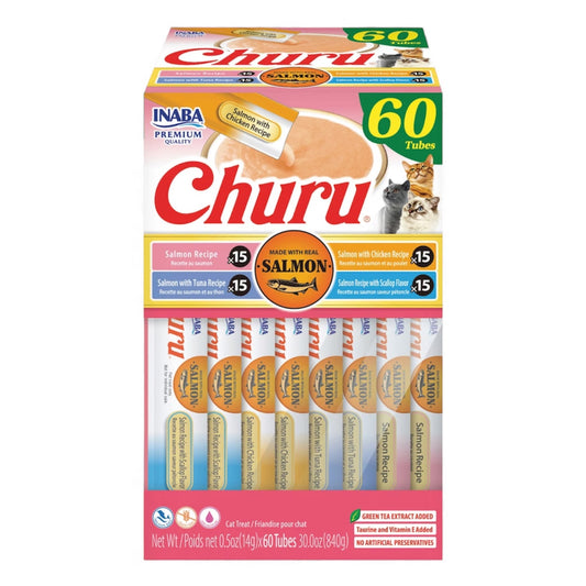 Inaba Churu Salmon Variety Creamy Puree Grain-Free Lickable Cat Treats, 0.5-oz tube, 60 count