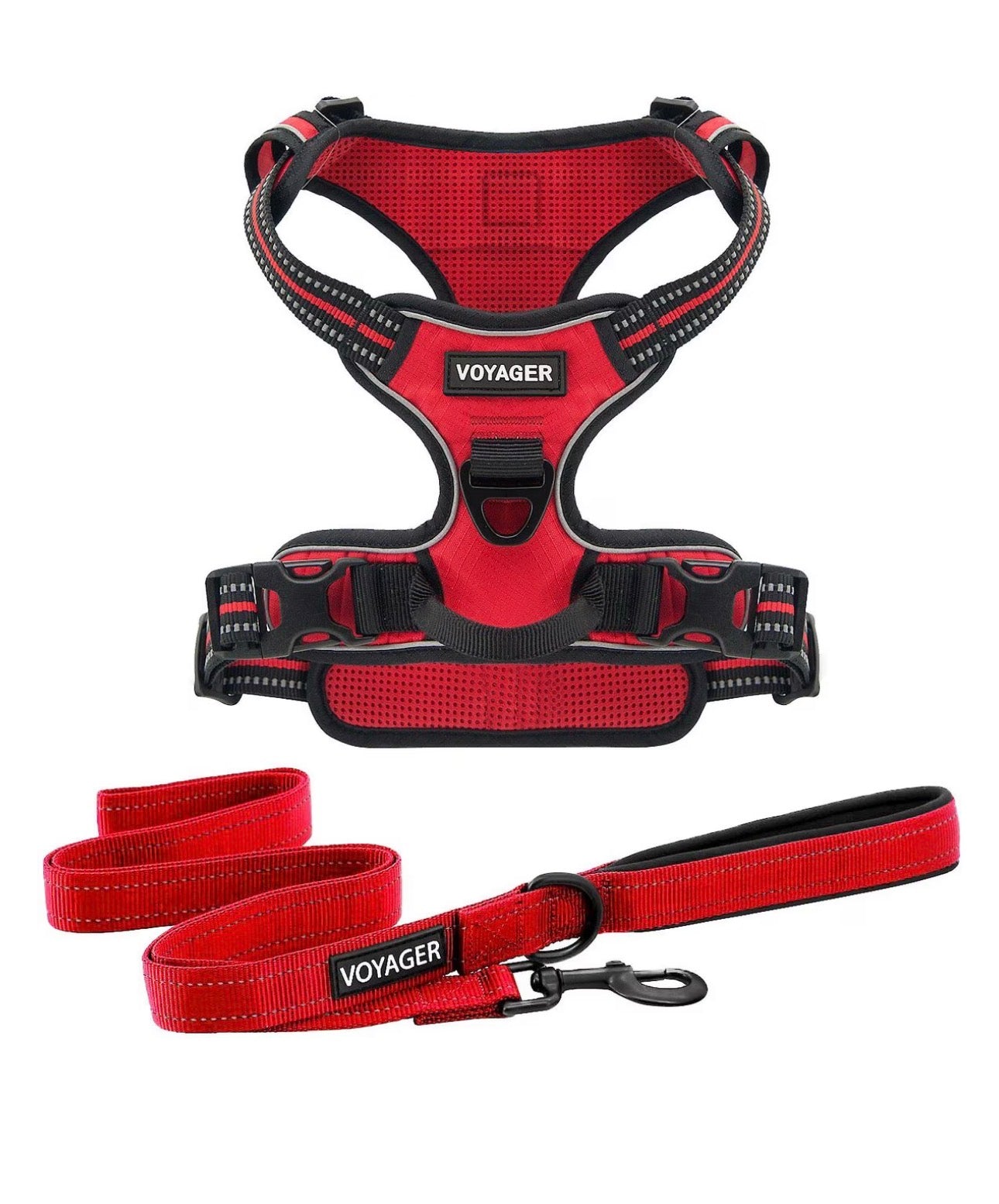 Voyager Dual Attachment Outdoor Dog Harness & Leash Bundle, Red, Medium