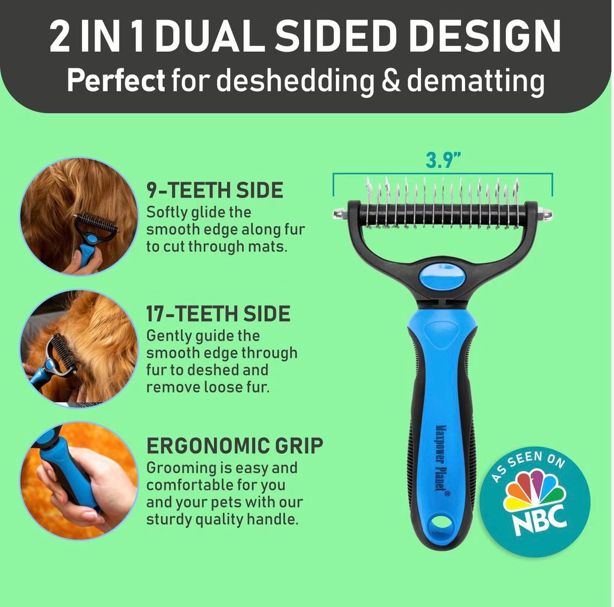 Max Power Planet Dual Sided Undercoat Rake Dog & Cat Deshedding Tool