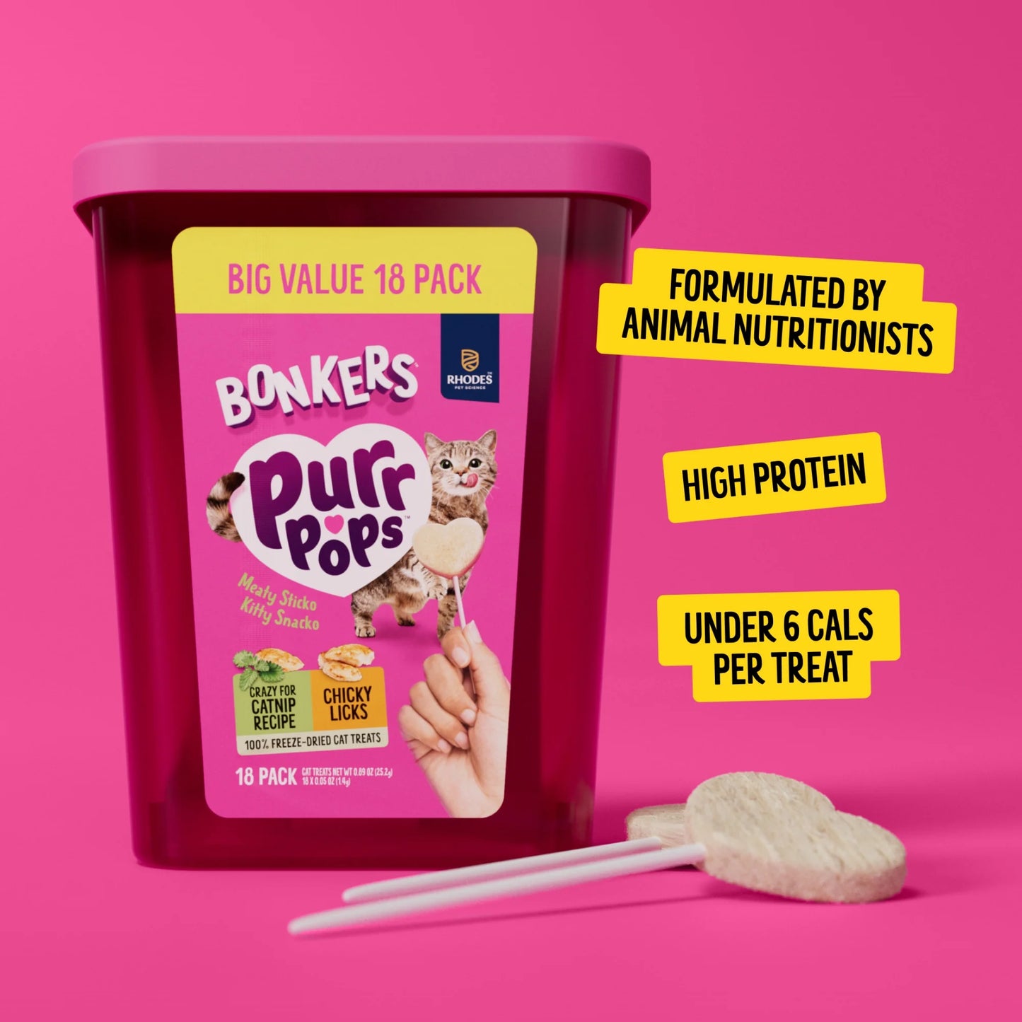 BONKERS Purrpops, Freeze Dried Chicken & Dried Catnip Lollipops Cat Treats, 18 unidades