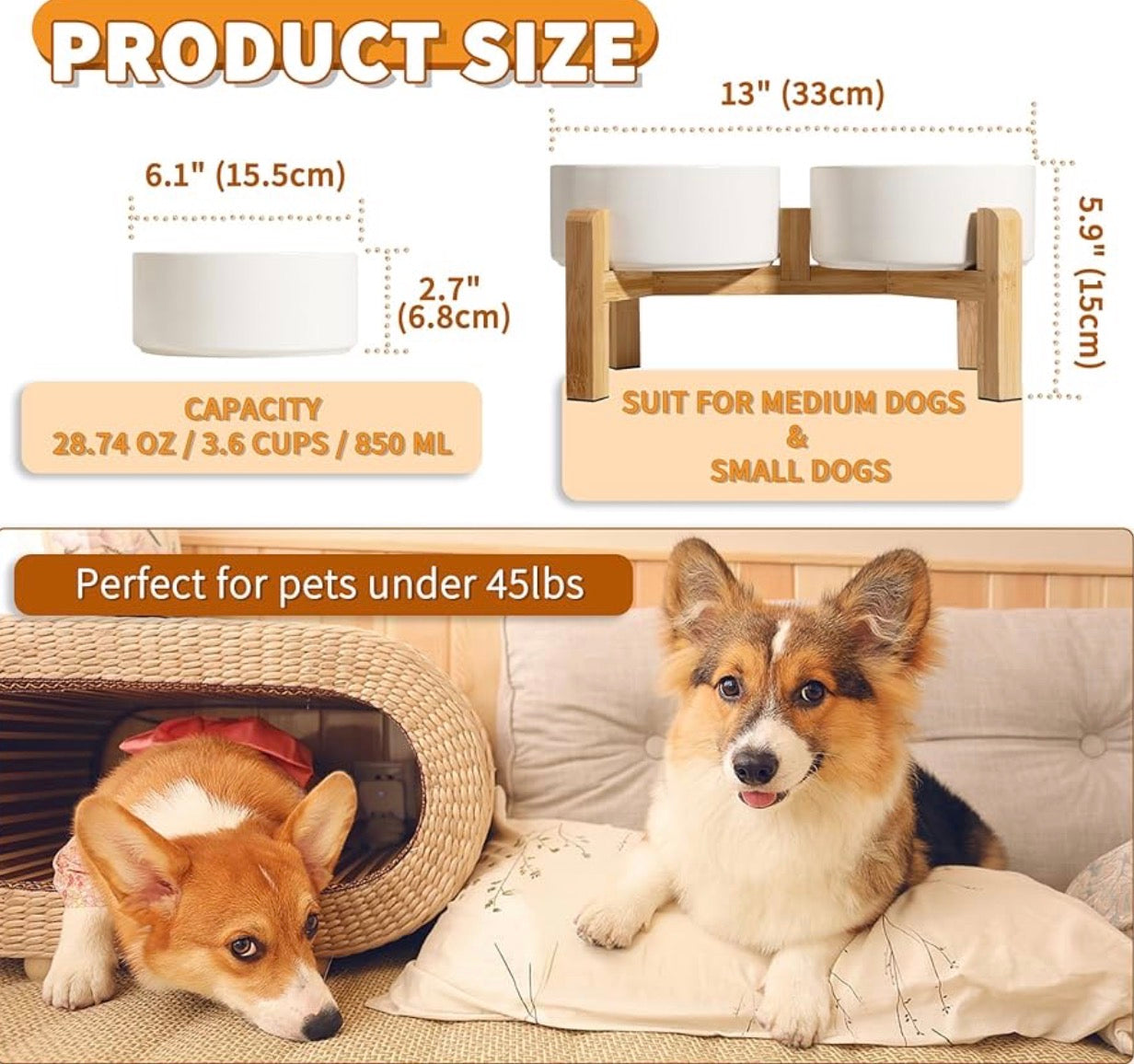 Elevated Ceramic Dog Bowl Set for Small and Medium Dogs - 28.74 OZ - 3.6 CUPS - 850 ML