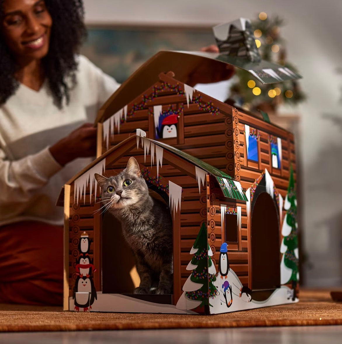 Holiday Log Cabin Cardboard Cat House