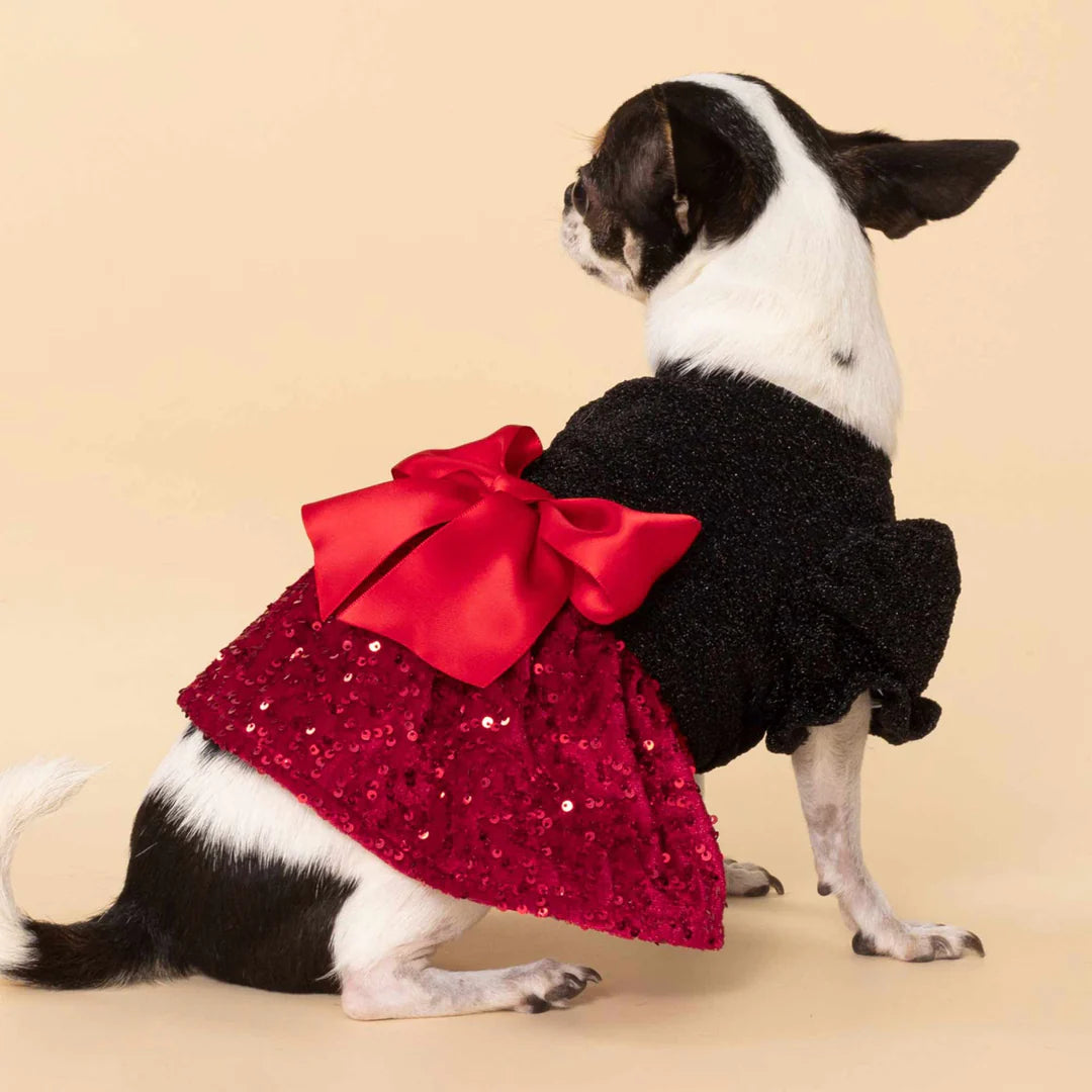 PUFF SLEEVES SEQUIN DOG DRESS