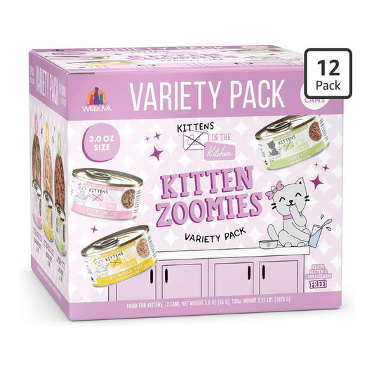 Weruva kittens in the kitchen, Paquete de Variedad Gatito Zoomies, Lata de 3oz (Paquete de 12)