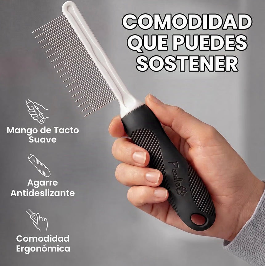 Peine desenredante para mascotas con dientes largos y cortos de acero inoxidable para eliminar la piel enmarañada, nudos y enredos.
