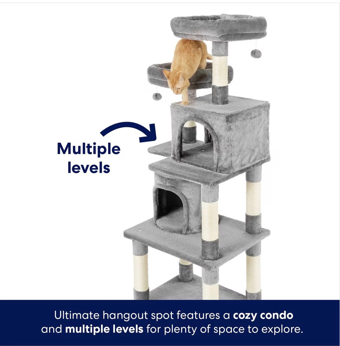 61-in Faux Fur Cat Tree & Condo, Gray
