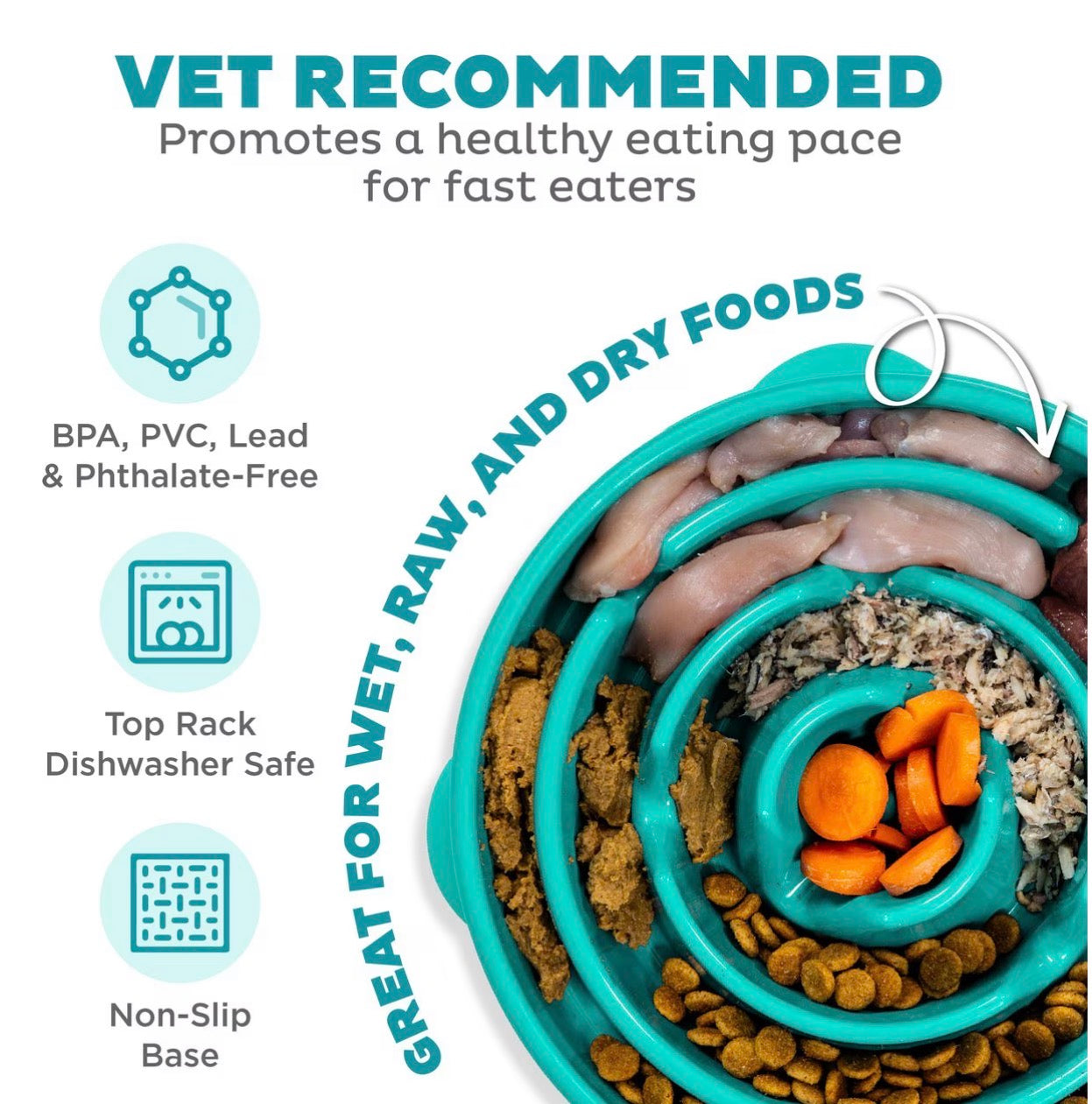 Outward Hound Non-Skid Plastic Slow Feeder Interactive Dog Bowl, Teal, 4-cup