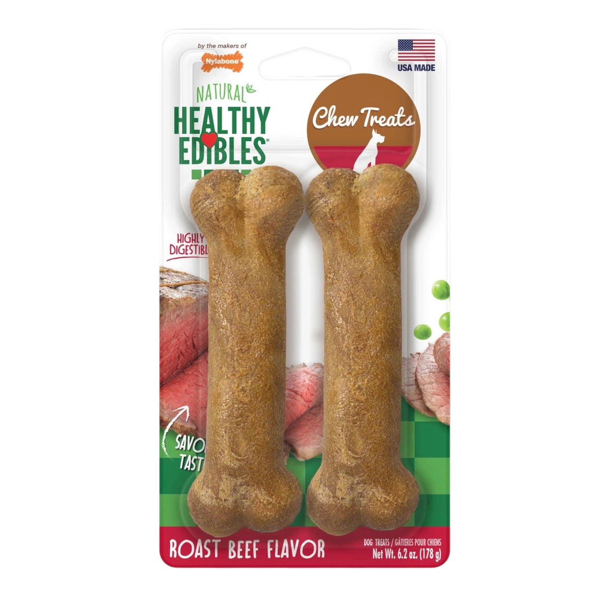 Nylabone Healthy Edibles All-Natural Long Lasting Roast Beef Dog Chew Treats, Mediano, 2 unidades